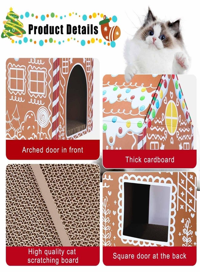 MUNILAIL Christmas Gingerbread Cat House 16.5"x 13"x19" Christmas Cardboard Cat Scratcher House with Scratching Pad for Indoor Cats Kittens Large Cat Playhouse - Image 3